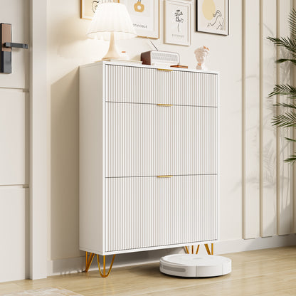 Schoenkast – Schoenmeubel – Schoenopberger – Halmeubel – Kast Voor Schoenen – Met 3 Opbergvakken – Hoogwaardig MDF Met Metalen Accenten – Compact 80x24x118,5 cm – Wit