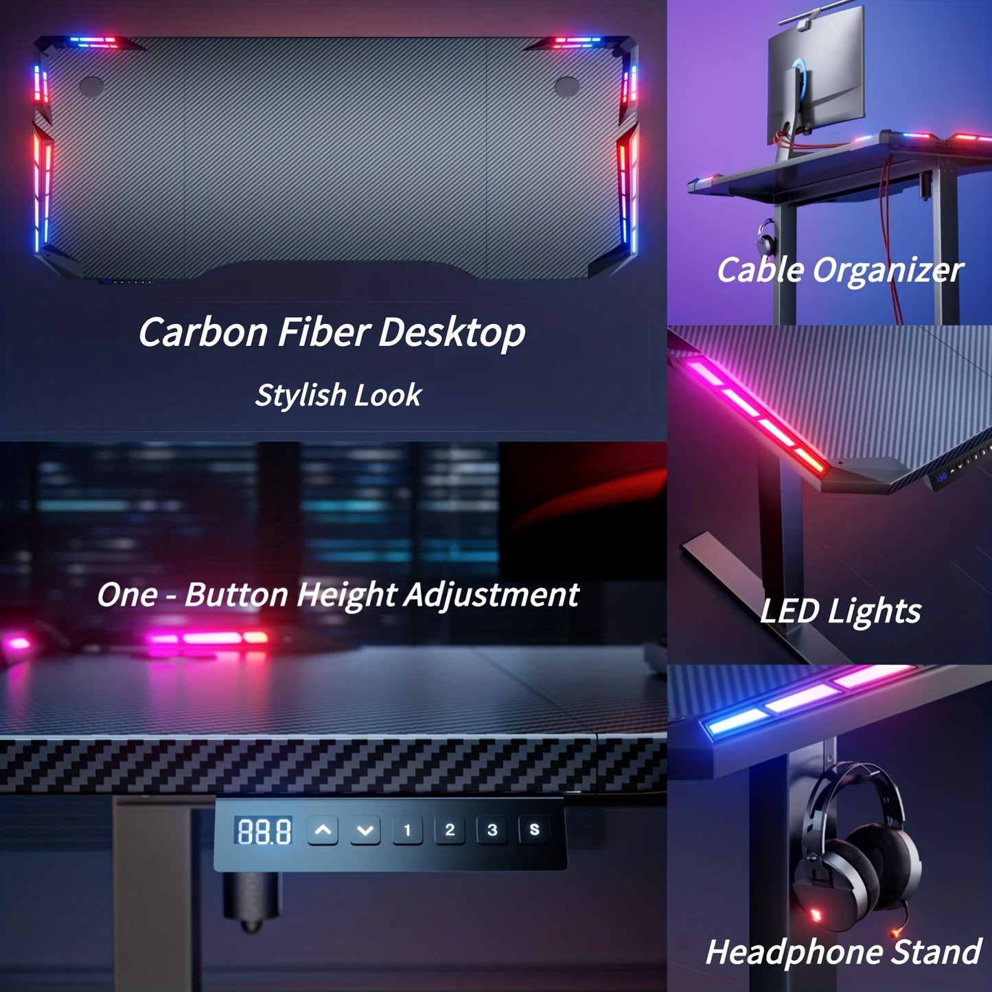 Elektrisch Verstelbaar Bureau – Zit-Sta Bureau – Gaming Bureau – Thuiswerk Bureau – Computer Bureau – 119 cm Carbon Fiber Blad – RGB Verlichting Met Afstandsbediening