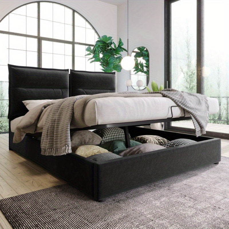 Hydraulisch Bed – Opbergbed – Platformbed – Stalen Bedframe – Verstelbaar Hoofdbord – Fluwelen Bekleding – Zwart Metalen Frame – Vooraf Gemonteerd – Groot Onderbed
