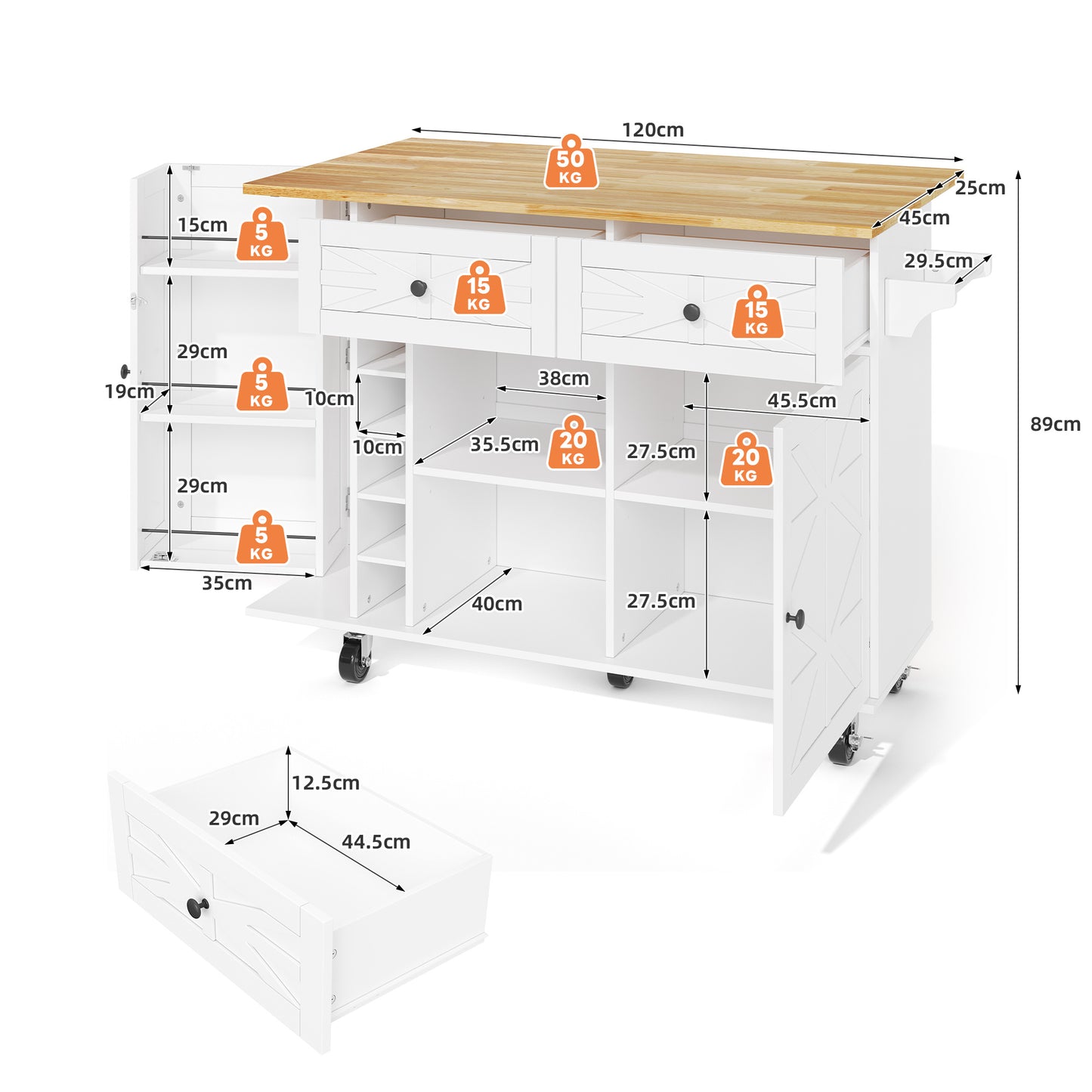 Keukentrolley – Keukenwagen – Serveerwagen – Keukenrek – Keukenkast – Uitklapbaar Werkblad – MDF Houtlook – Verrijdbaar met Vergrendelbare Wielen – 120x45(70)x89 cm – Zwart