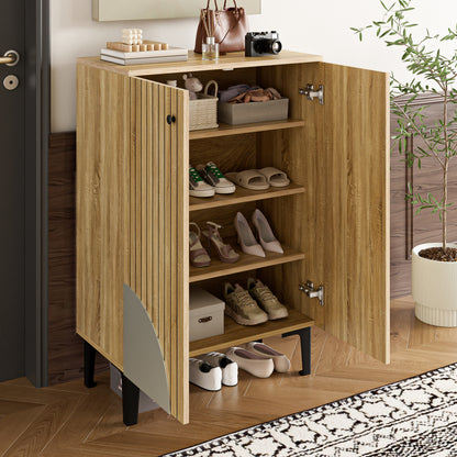 Schoenenkast – Schoenenrek – Schoenenkastje – Schoenopberger – Schoenmeubel – Modern – Ruimtebesparend – MDF Met Zwart Metalen Frame – 60x32x94 cm – Meerdere Planken – Deuren