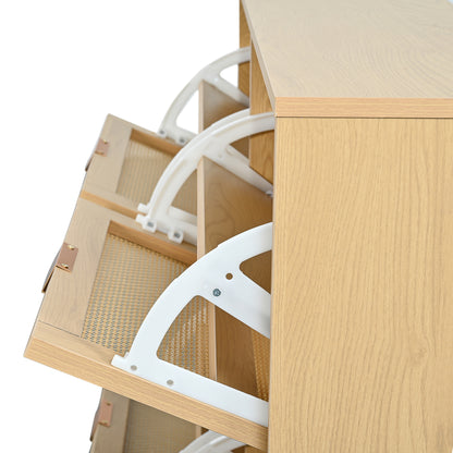 BTM Shoe Cabinet with 4 Folding Drawers, Rattan Shoe Dresser with Metal Handles, Shoe Rack for Hallway, Bedroom, Apartment, Wooden Furniture, Rustic Style, Dimensions: 100 x 25 x 90 cm