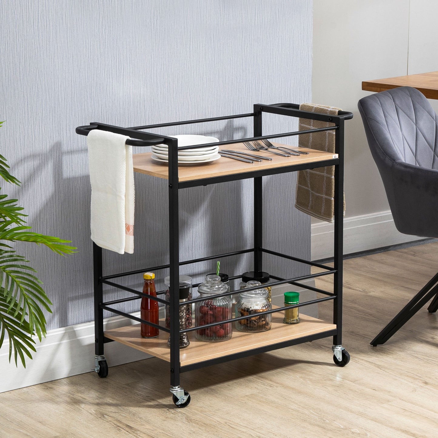 Keukenwagen – Serveerwagen – Keukentrolley – Opbergwagen – Werkwagen – Naturel Houtvariant – Stevig Staalframe – Compact 82x40x75 cm