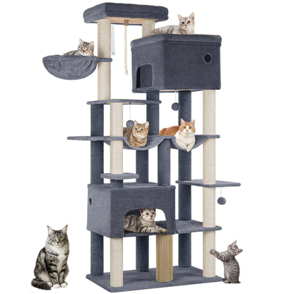 Cat Scratching Post 200cm XXL, Includes 10 Scratching Posts, 2 Cat Beds, 2 Hammocks, Large Platform, Cat Brush, Basket, Heavy-duty Cat Tree, Suitable for Maine Coons And Large Cats, Light Grey, Dark Grey, Beige, Pet Climbing - QUORE