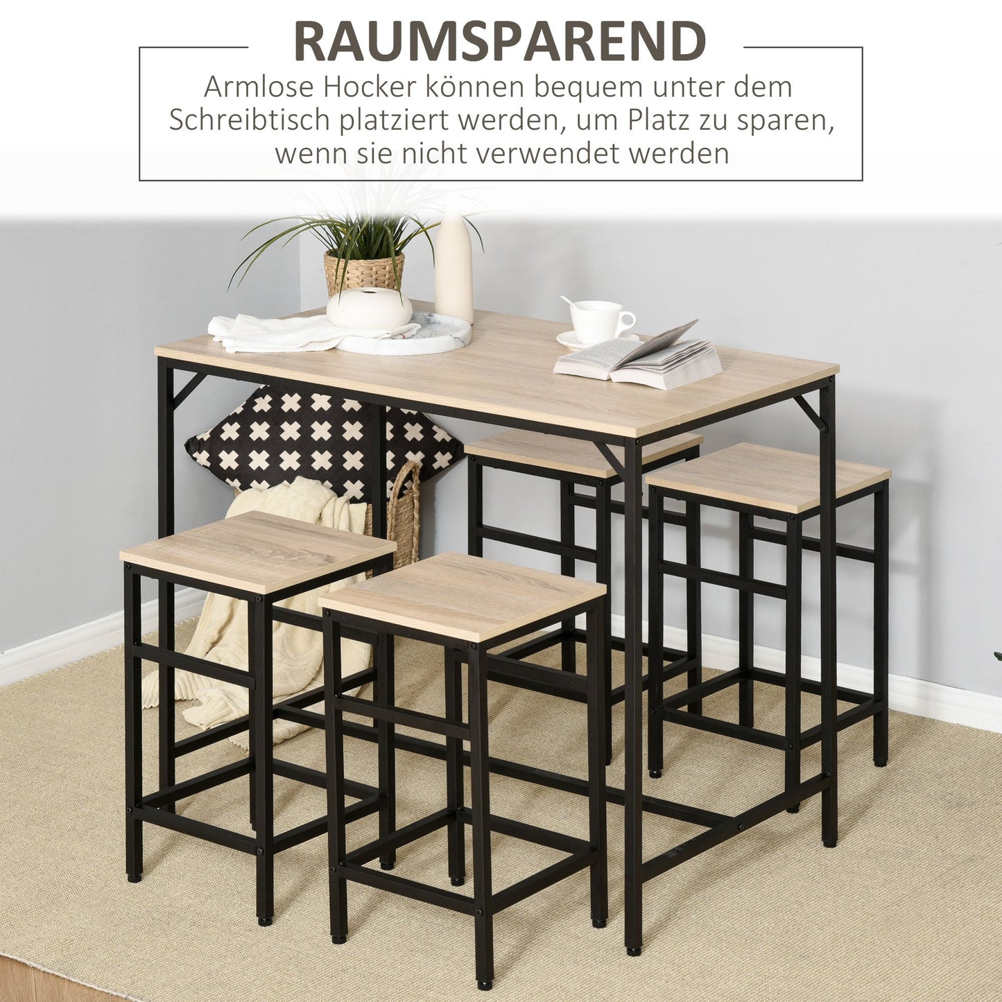 Bartafelset – Barkrukken – Eettafelset – Bistoeltafel – Keukentafel – 5-delig – Industrieel Design – Melamine Tafelblad – Zwart Stalen Frame – Compact 100x60x88 cm