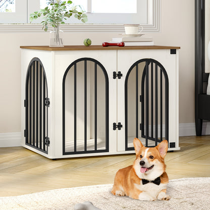 Hondenbench – Hondenkooi – Kennel – Hondenhok – Huisdierbench – Ruim 80x56x61 cm – Stijlvol met Zijtafeltje en Verstelbare Poten – Stevige Roestvrijstalen Constructie