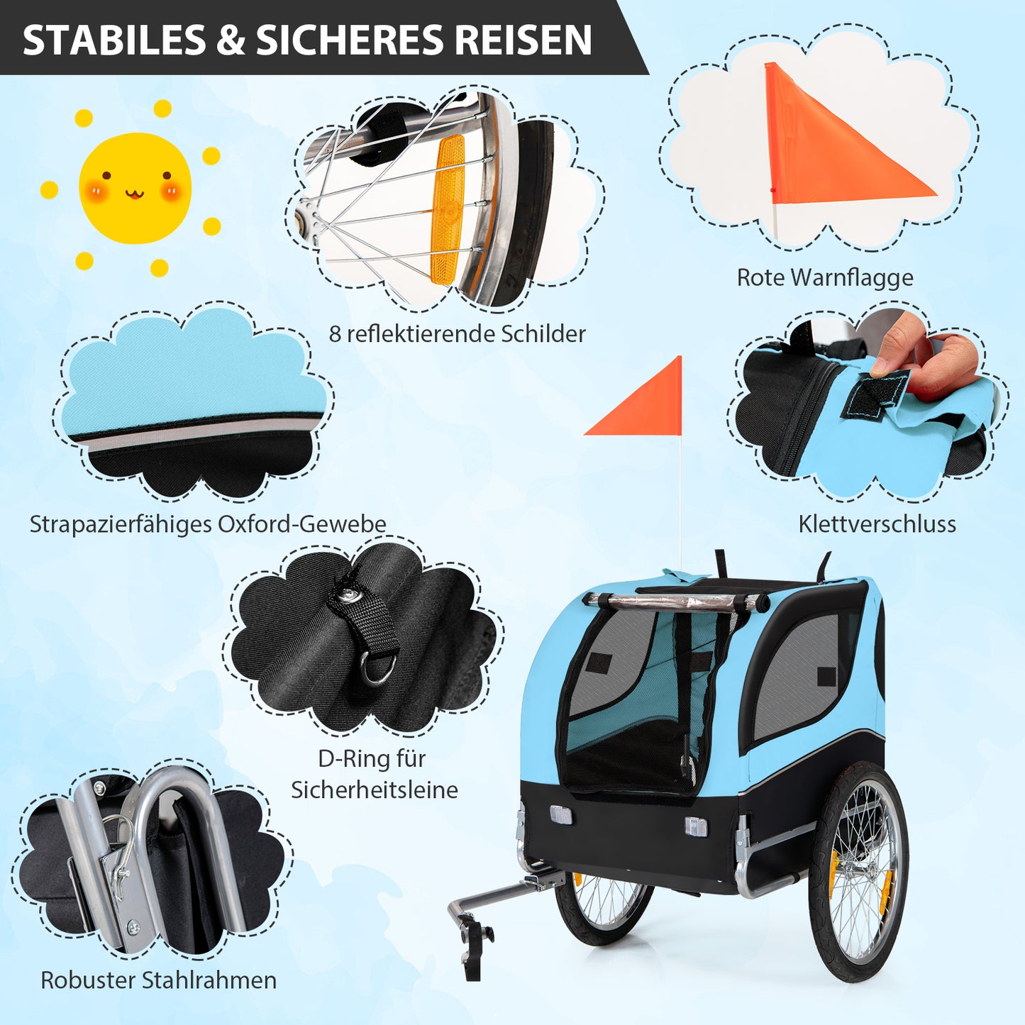 Fietskar Hond – Hondenfietskar – Hondenkar – Fietsaanhanger – Opvouwbaar – Maximaal 40 kg Draagvermogen – Stalen Frame Met Waterafstotende Oxford Stof – Veilig Met Reflectoren En Rode Vlag