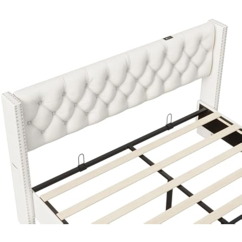 Bed – Bedkast – Tweepersoonsbed – Opbergbed – Opbergkast – Crème Kleur – LED Hoofdbord – 140x200 cm – 2 Grote Lades – USB Oplaadpoort
