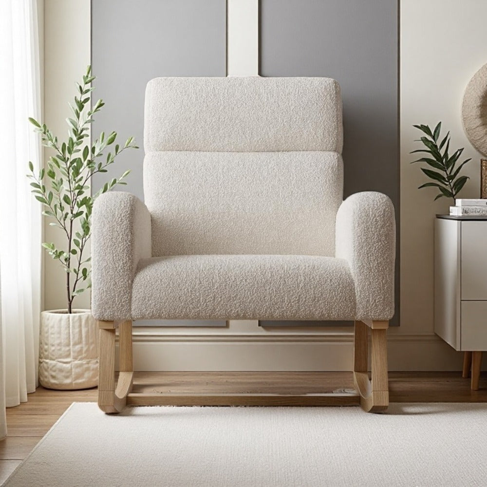 Schommelstoel – Relaxstoel – Fauteuil – Voedingsstoel – Loungestoel – Beige – Zachte Schapenvacht Bekleding – Ergonomisch Lendenkussen