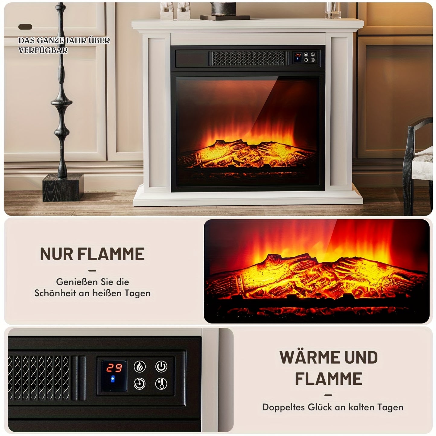 Elektrische Haard – Sfeerkachel – Inbouwhaard – Vloerhaard – Haardmantel – Zwarte Vrijstaande Haard – Realistisch Vlameffect – 2000 Watt Verwarming