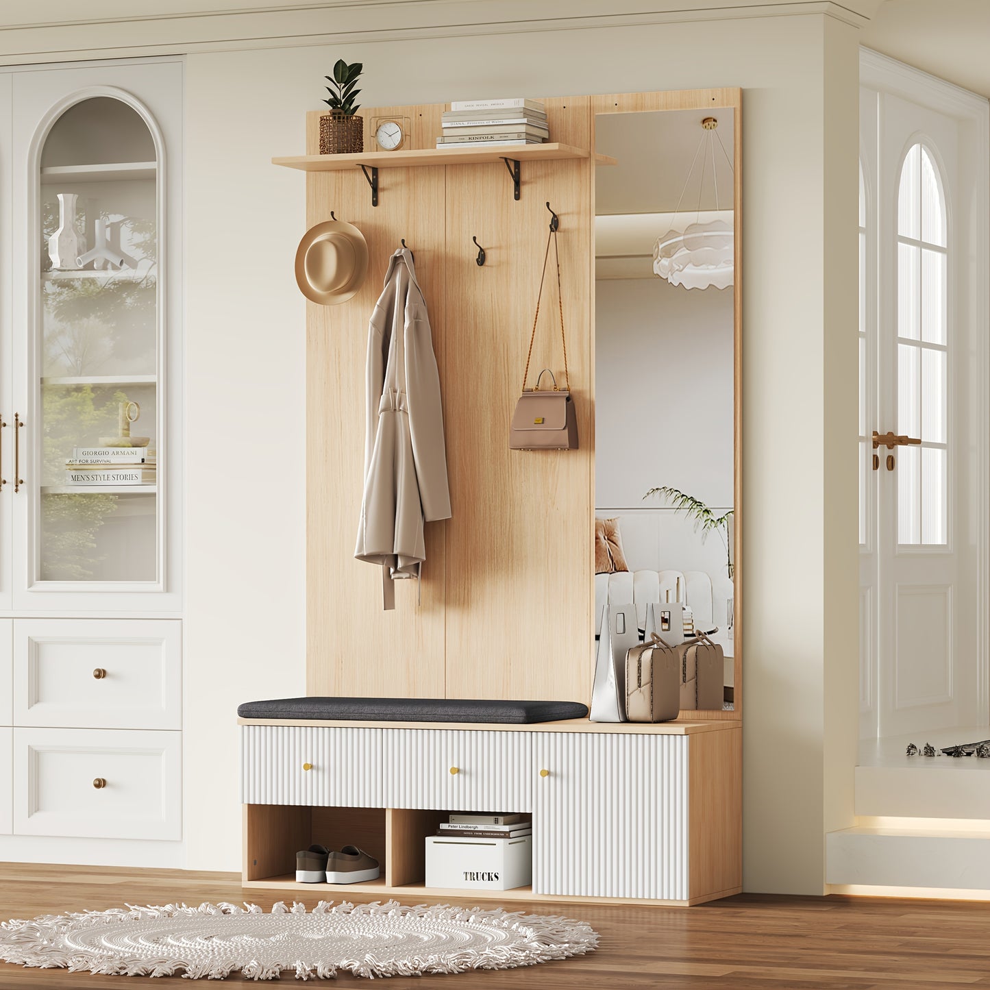Kledingkast – Garderobekast – Opbergkast – Schoenenkast – Spiegelkast – Multifunctioneel ontwerp – Ruimtelijk en Modern – 120x40x200 cm – Houtkleur wit details