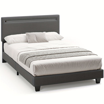 Modern Bedframe 120x200 – Bedbodem – Ledikant – Slaapbank – Lattenbodem – Stevige Houten Constructie – Gestoffeerd Hoofdeinde – Donkergrijs