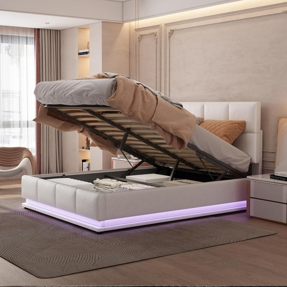 Boxspring Bed – Tweepersoonsbed – Opbergbed – LED Bed – Kunstleer Bed – 140x200 cm – Hydraulisch Opzetmechanisme – 16 Kleuren LED-verlichting