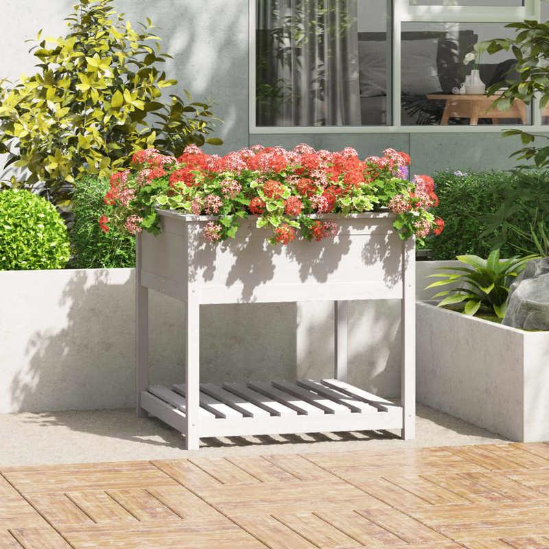 Planting bucket with shelf white 82.5x82.5x81cm solid wood pine Strong and durable, Plant Storage Solution, Sleek Plant Stand, Outdoor Enthusiasts, Interior Decorators