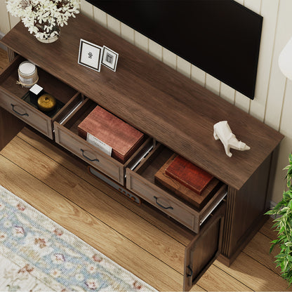 tv meubel – tv kast – tv dressoir – entertainment meubel – televisie meubel – mid-century design – 3 laden – verstelbare planken – geschikt voor tv tot 165 cm – duurzaam houtfiberboard