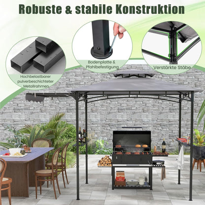Grillpaviljoen – BBQ Overkapping – Tuinpaviljoen – Grillovertrek – Tuinhoes – Dubbel Dak – Met Zijluifel & Zijtafels – Weerbestendig Grilschap – 318x153x250 cm – Grijs