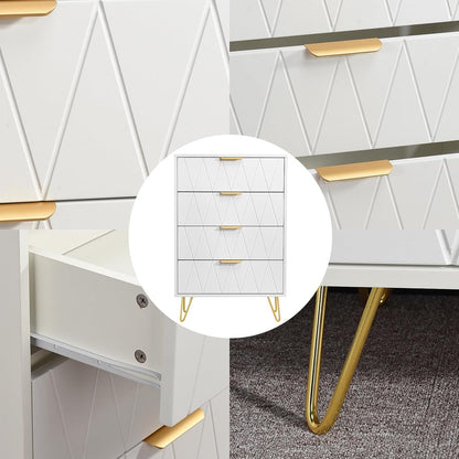 Ladekast – Dressoir – Opbergkast – Commodes – Witte kast met gouden poten – 4 lades met diamanten structuur – Hout en metaal