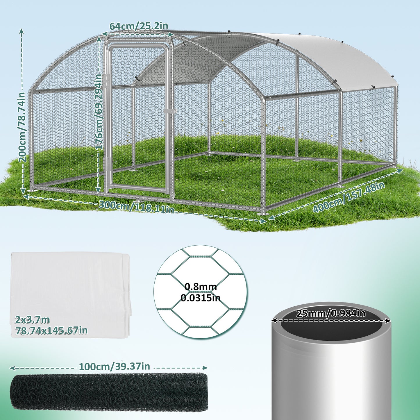 Chicken Coop Free-Range Enclosure, 3X2X2M/3X4X2M/3X6X2M/3X8X2M Galvanized Steel, Chicken House Dome Roof with Lock And Pe-Colored Tarpaulin, Easy to Clean, for Chicken Cage Bird Cage.