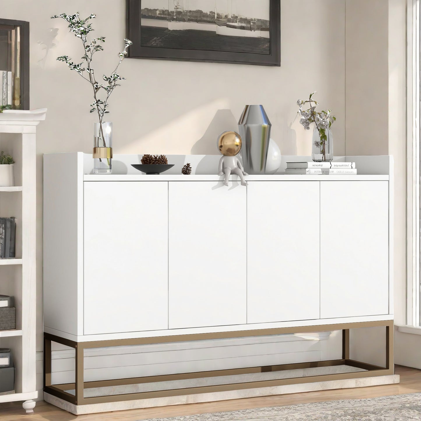 Dressoir – Buffet – Opbergkast – Kast – Sideboard – Wit MDF Met Metaal – 120x30x80 cm – 4 Deuren Met Verstelbare Planken