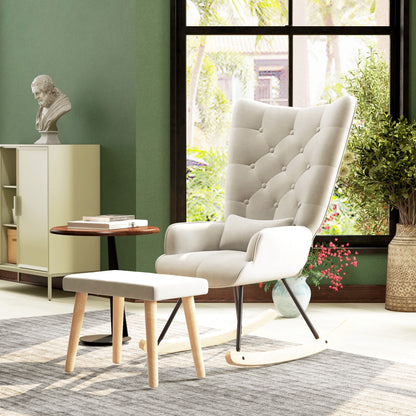 Schommelstoel – Relaxstoel – Fauteuil – Voedingsstoel – Loungestoel – Fluweel Bekleed – Hoge Rugleuning – Max. 150 kg – Inclusief Voetenbank – Crème Wit