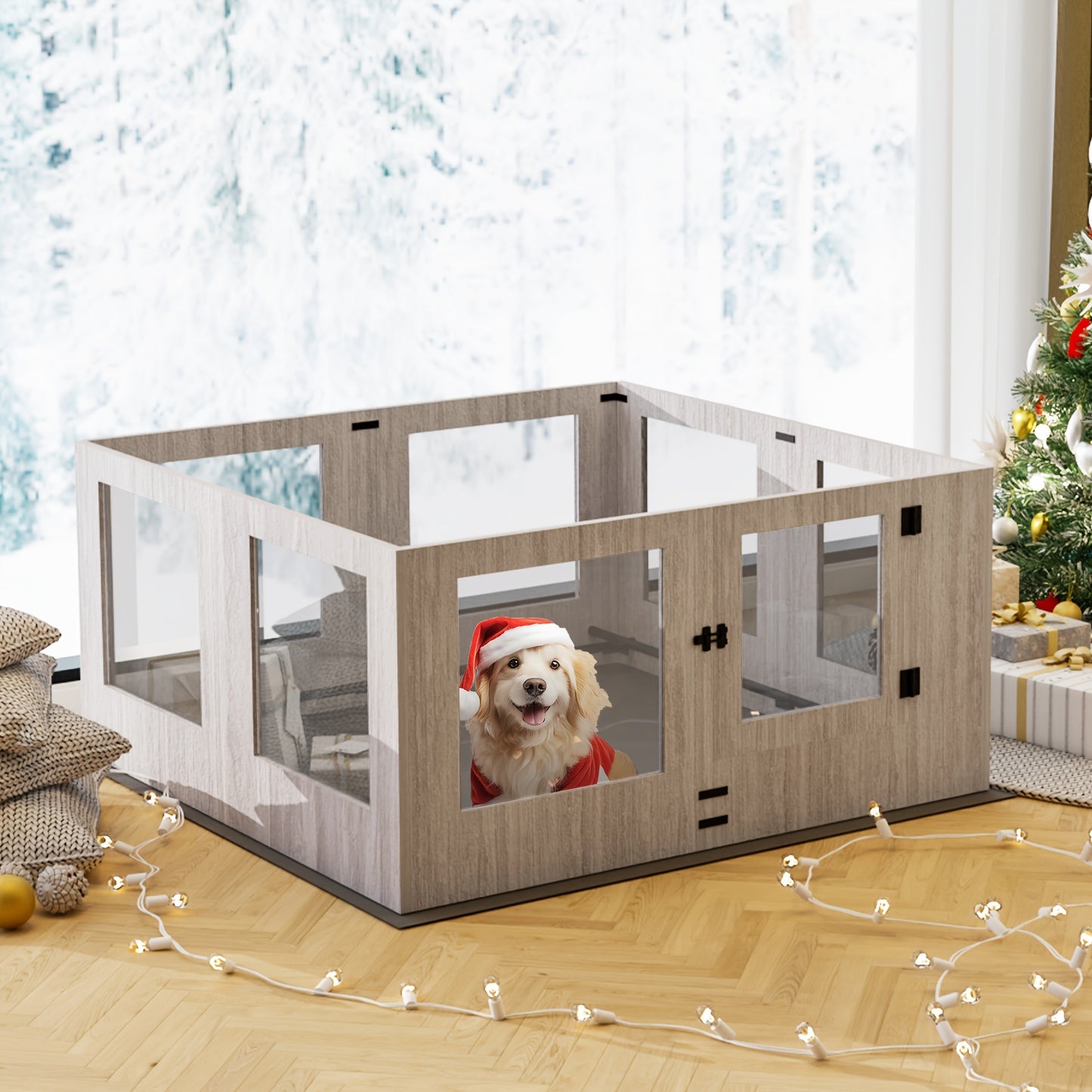 Puppyren – Puppybox – Hondenren – Hondenbench – Opfokbox – Tempered Glass & Houten Frame – 60 cm Hoogte met Beschermrails en Waterdichte Antislip Mat