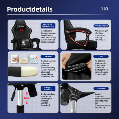 Gaming Chair, Ergonomic, Height-Adjustable, with Footrest, Adjustable Backrest – Ideal for Gaming and Working
