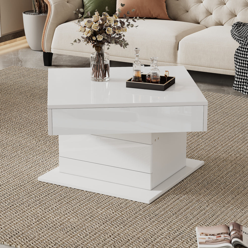 70*70*45cm Geometric Coffee Table | 360° Rotating Top, Height-Adjustable with 1 Drawer, High-Gloss, Concealed Storage, Modern Style, White, Metal Material