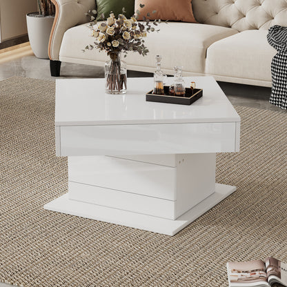 70*70*45cm Geometric Coffee Table | 360° Rotating Top, Height-Adjustable with 1 Drawer, High-Gloss, Concealed Storage, Modern Style, White, Metal Material