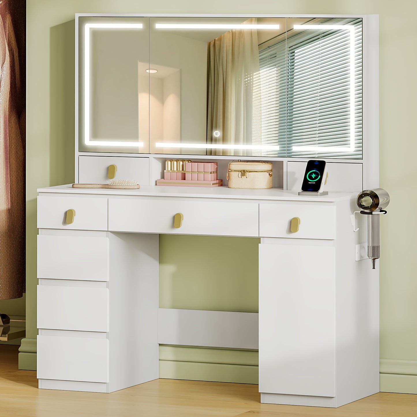 Make-up Tafel – Kaptafel – Beauty Tafel – Schminktafel – Dressing Table – Wit – Grote Spiegel met LED-Verlichting – 8 Lades en Stopcontacten