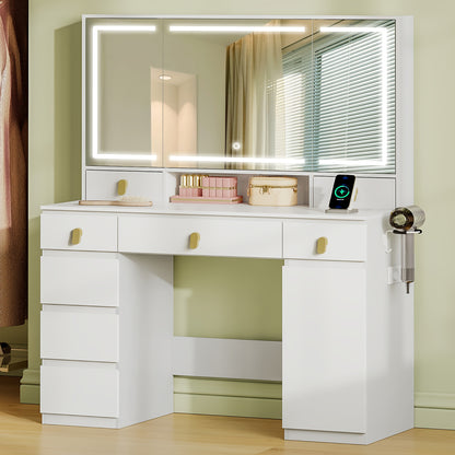 Make-up Tafel – Kaptafel – Beauty Tafel – Schminktafel – Dressing Table – Wit – Grote Spiegel met LED-Verlichting – 8 Lades en Stopcontacten