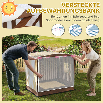Zandbak – Speelbak – Buitenbak – Kinderspeelplaats – Zandbak Met Dak – Bruin – Met Gaasdeur En Zitbankjes – Weerbestendig En Duurzaam