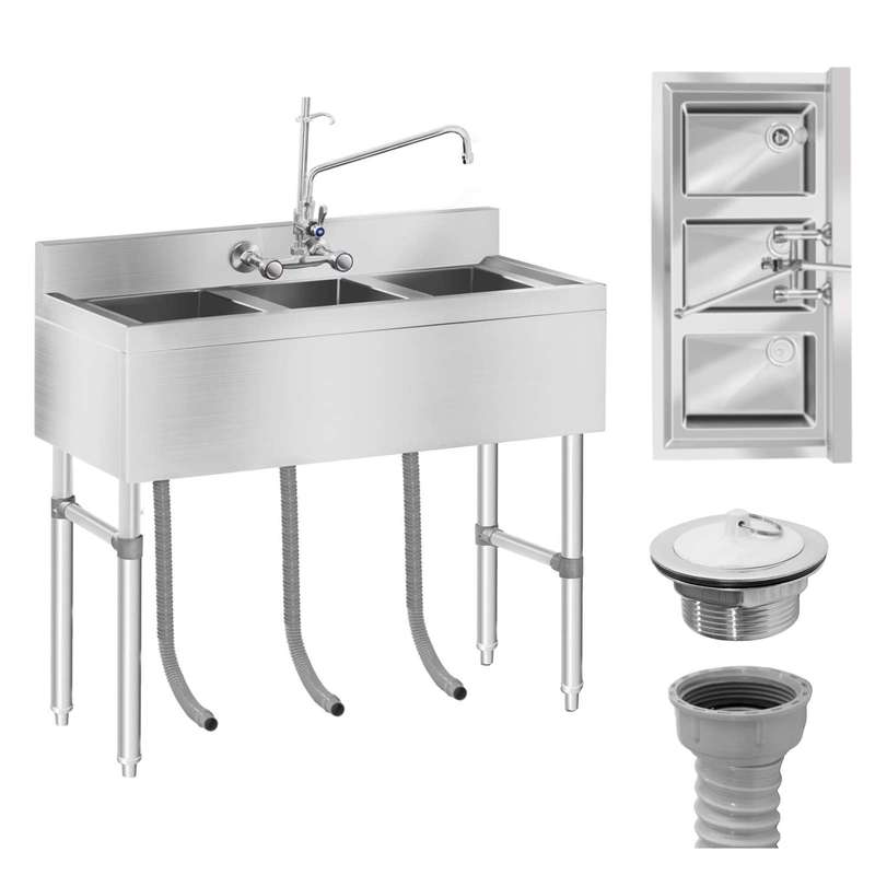 3-Kamers Spoeltafel – Vaatwasser – Werktafel – Afwasbak – Keukentafel – Roestvrij Staal – 100x50 cm – Diepe Compartimenten – Verstelbare Poot