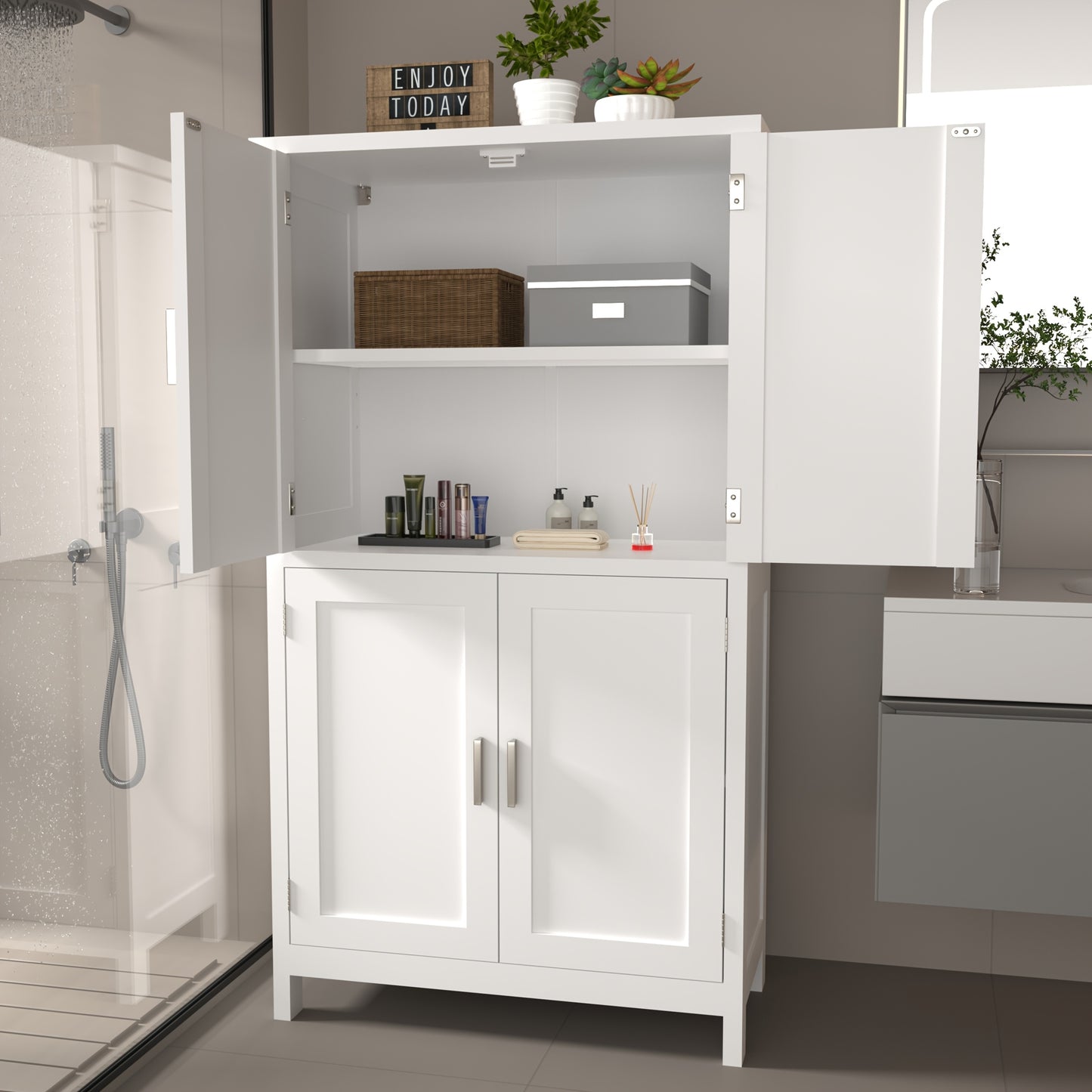 Opbergkast – Bergkast – Voorraadkast – Dressoir – Witte Kast – Moderne 4-Deurs Kast – Verstelbare Planken – Compact 60x30x110 cm – 3,2+ Kubieke Voet – Stevig en Duurzaam – Gebruiksklaar Zonder Elektriciteit