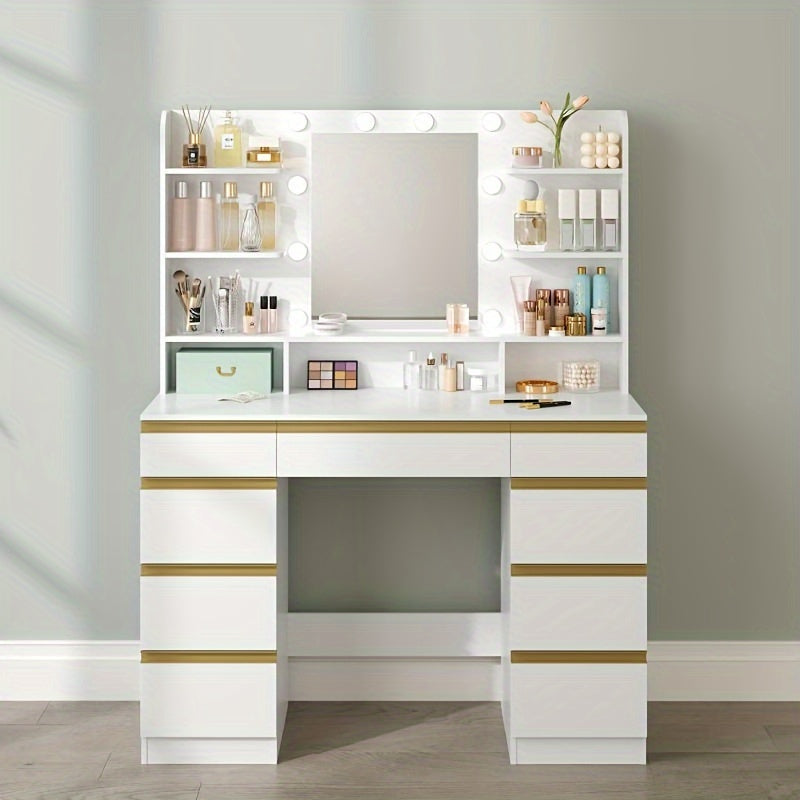 Make-up Tafel – Kaptafel – Visagie Tafel – Makeup Bureau – Dressing Table – Wit met Gouden Accenten – 10 LED-lichtbollen met Instelbare Kleur en Helderheid – Groot HD Spiegeloppervlak