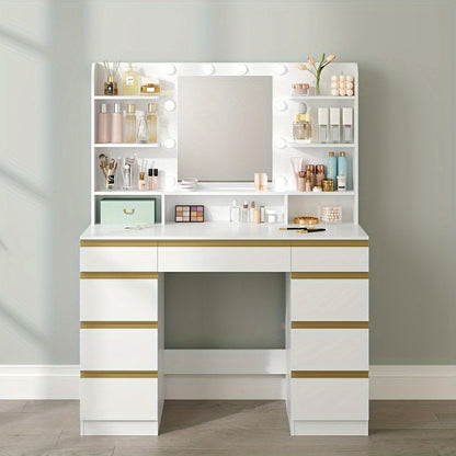 Make-up Tafel – Kaptafel – Visagie Tafel – Makeup Bureau – Dressing Table – Wit met Gouden Accenten – 10 LED-lichtbollen met Instelbare Kleur en Helderheid – Groot HD Spiegeloppervlak