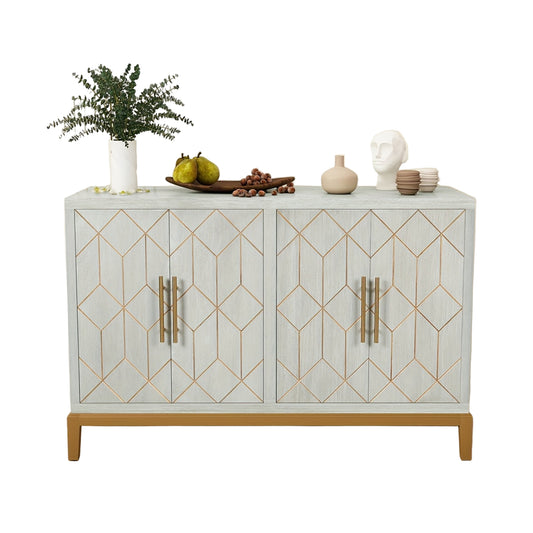 Kast – Opbergkast – Dressoir – Garderobekast – Vrijstaande Kast Groen – 4 Deuren – Verstelbare Planken – Gouden Accenten – Massief Hout & Vezelplaat