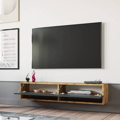 tv-meubel – tv-kast – lowboard – zwevend meubel – hangend tv-meubel – rustiek eiken – met 2 open vakken – MDF melamine coating