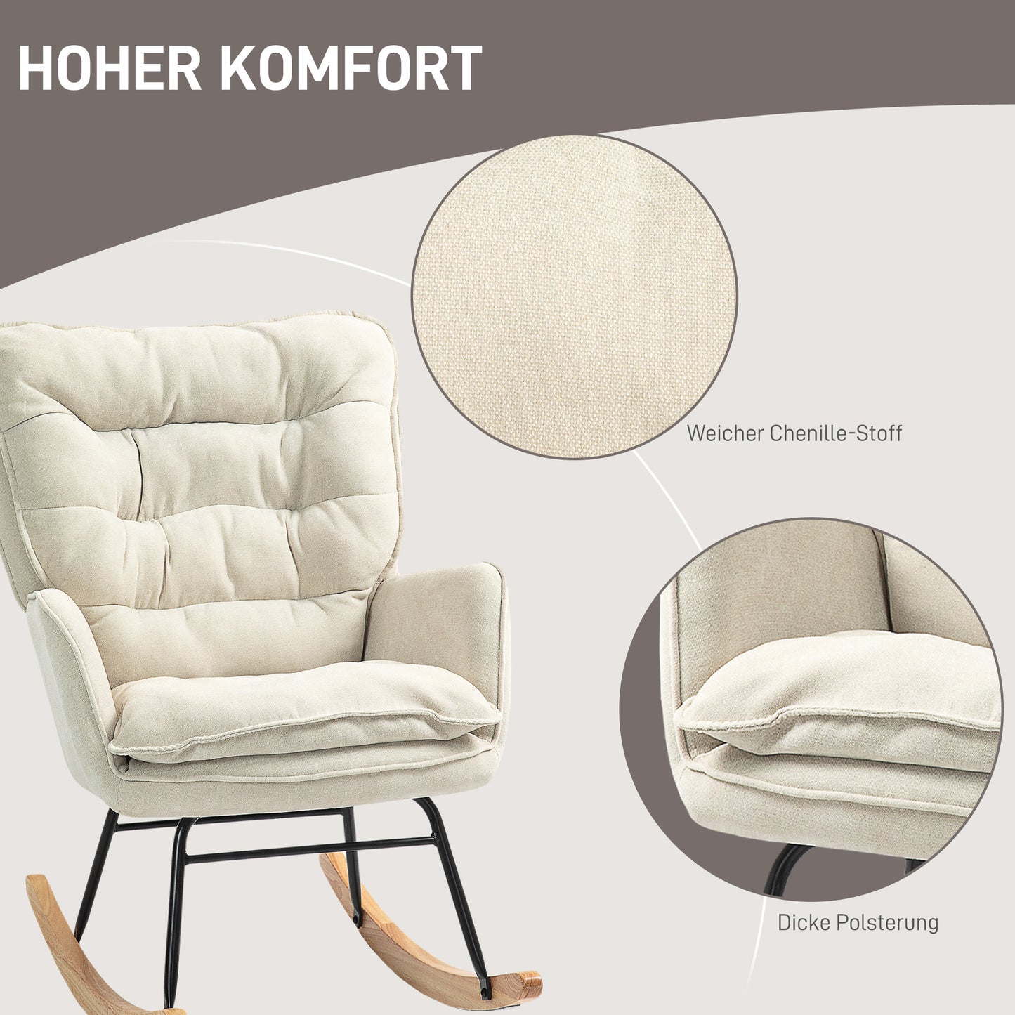 Schommelstoel – Relaxstoel – Fauteuil – Loungestoel – Voedingsstoel – Beukenhouten Frame – Brede Zitbreedte 53 cm – Hoge Rugleuning 70 cm