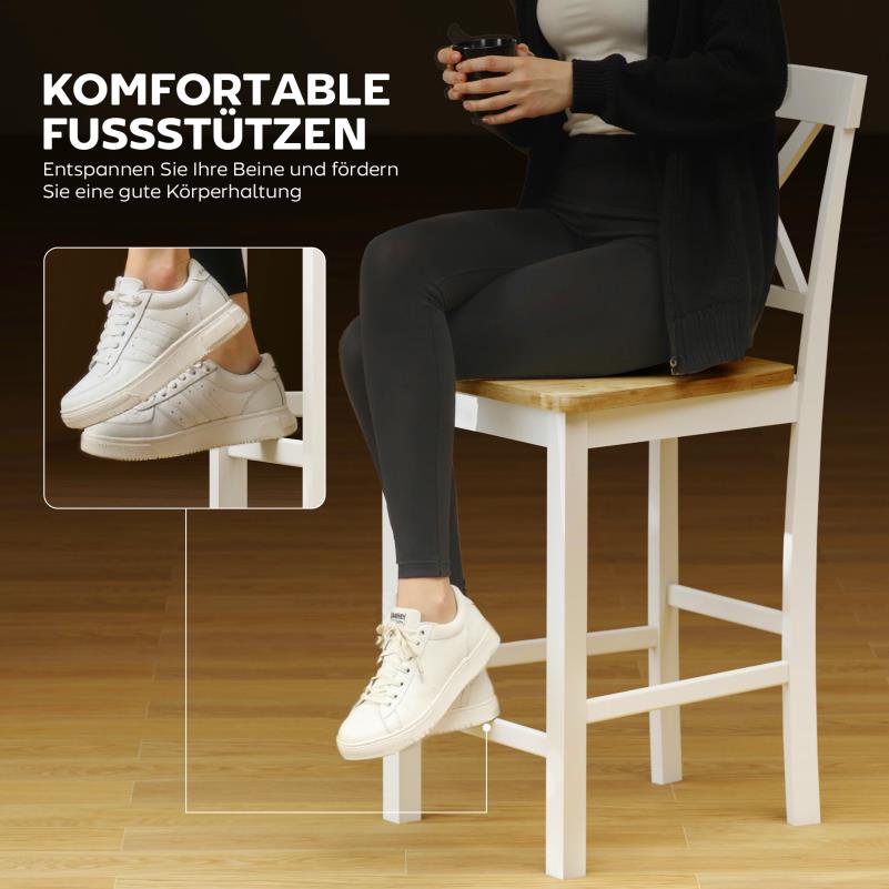 Barstoel – Barkruk – Barstoel Kruk – Barkrukken Set – Barstoel Met Rugleuning – Ergonomisch Crossback Ontwerp – Massief Rubberhout Wit/Naturel