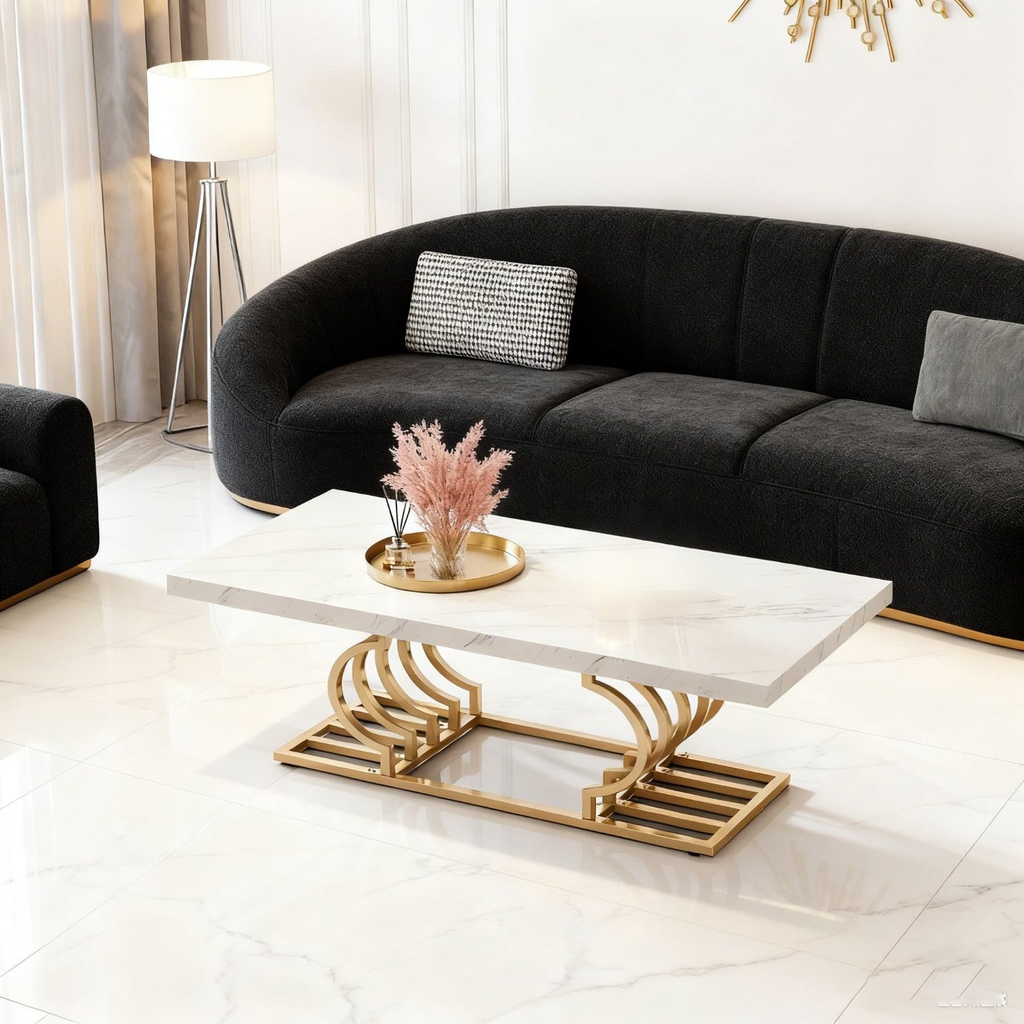 Salontafel – Koffietafel – Woonkamertafel – Tafel – Bijzettafel – Wit Marmerlook – Gouden Metalen Frame – 120x50 cm – Krasbestendig MDF & Antislip Voetjes