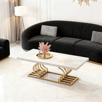 Salontafel – Koffietafel – Woonkamertafel – Tafel – Bijzettafel – Wit Marmerlook – Gouden Metalen Frame – 120x50 cm – Krasbestendig MDF & Antislip Voetjes