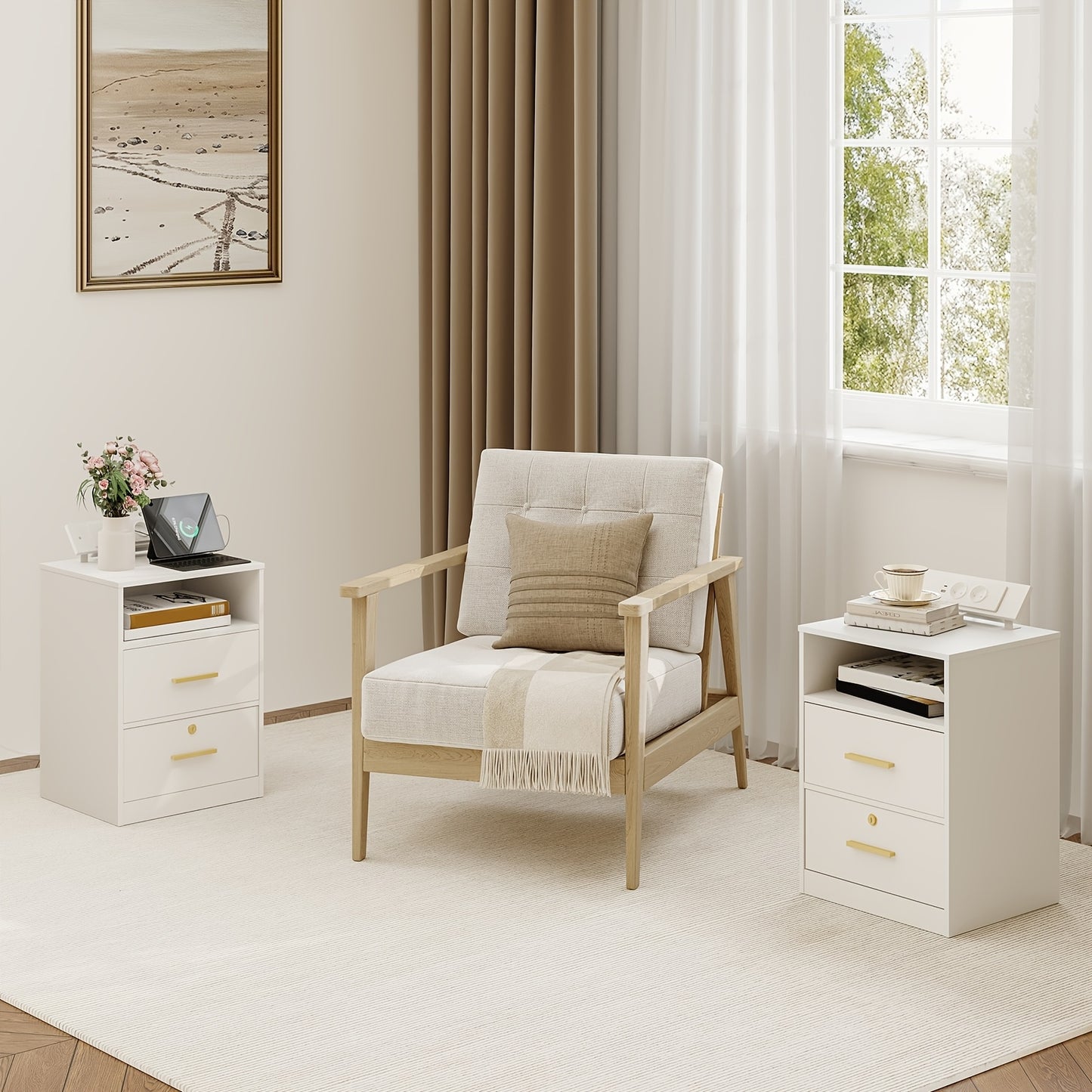Bedside Table Set Of 2, 1 Open Compartment And 2 Drawers, For Bedroom, Living Room