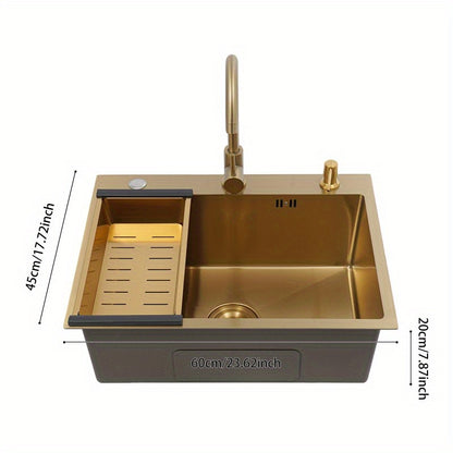 Keukenspoelbak – Spoelbak – Inbouwspoelbak – RVS Spoelbak – Goudkleurige Spoelbak – 60x45 cm – Roestvrij Staal Met Accessoires