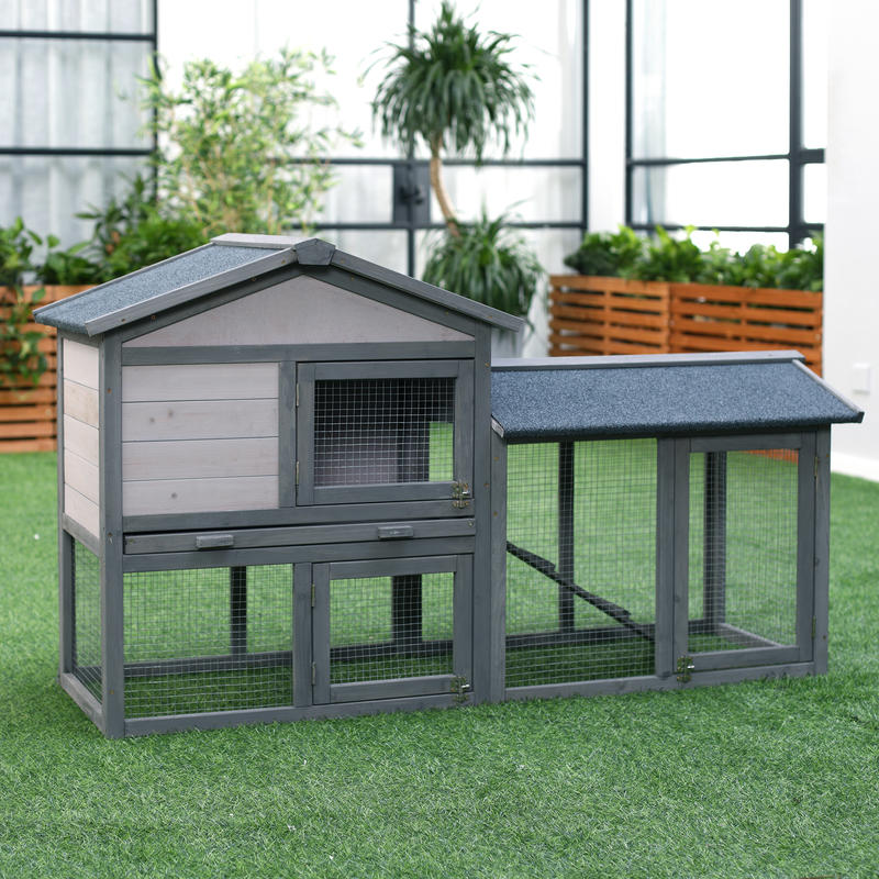 Outdoor Rabbit Hutch & Small Animal Cage with Free-Range Design, Spacious Pine Wood Construction, Ramp & Roof Access, Ventilation Mesh Walls & Predator-Proof Roof - Dark Gray 147x54x84cm for Guinea Pigs, Chinchillas, Hamsters