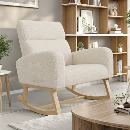 Schommelstoel – Relaxstoel – Fauteuil – Voedingsstoel – Loungestoel – Beige – Zachte Schapenvacht Bekleding – Ergonomisch Lendenkussen
