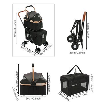 3-in-1 Heavy-Duty Two-Tier Pet Stroller Compatible for Dogs & Cats - Heavy-Duty Oxford Fabric & Frame, Spacious 2-Tier Kennel with Ventilation, Design & All-Terrain Wheels - Lightweight Portable Cart for Twins/Pets
