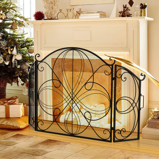 Inklapbaar Haardscherm – Vuurhaardscherm – Vuurkorf Scherm – Openhaardscherm – Brandwerend Scherm – Zwart Metalen Frame – Decoratief Bloemenpatroon – 151 x 83 cm – Veilig Tegen Vonken