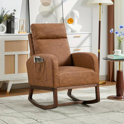 Modern Wingback Glider Rocking Chair with Ergonomic High Backrest & Smooth Rocking Mechanism - Heavy Duty 136.08KG Capacity Brown Accent Rocker with Side Pockets, Easy Assembly, Sturdy Rubberwood-Like Frame for Living Room, B