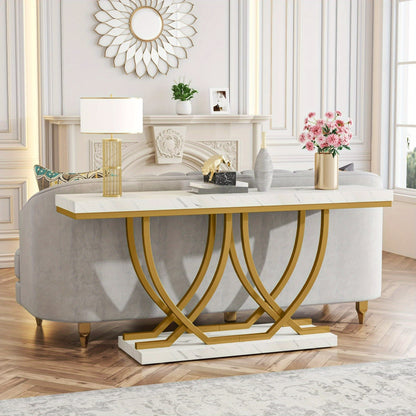 Moderne Sidetable – Console Tafel – Sofa Tafel – Haltafel – Wandtafel – Wit met Gouden Kunstmarmer – Slank 59 Inch