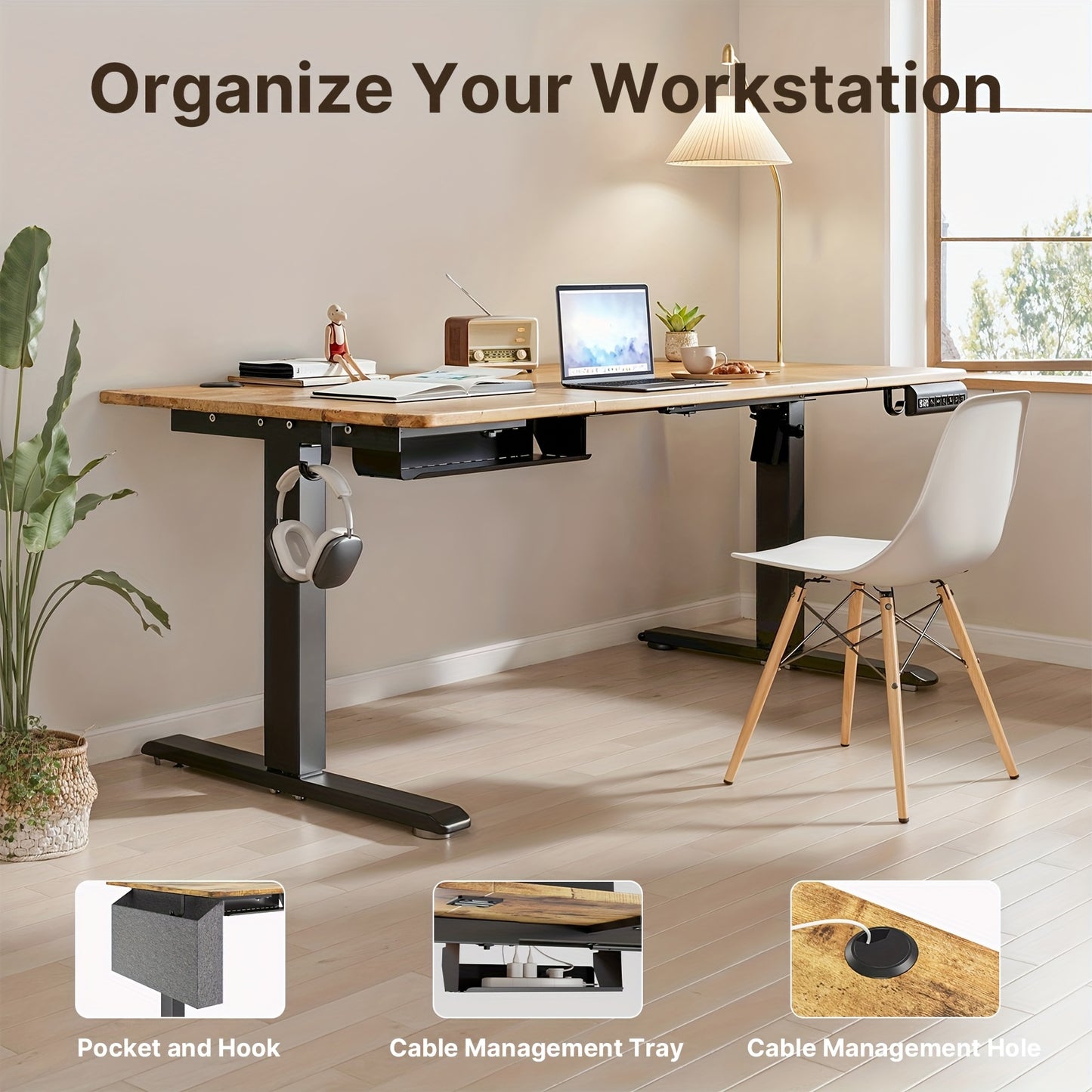 Bureau – Bureaublad – Werkplek – Bureauwerk – E-Sports Desk – Verstelbare Hoogte – Houten Tafelblad – Stevig Metaal – Wit – Ruim & Functioneel
